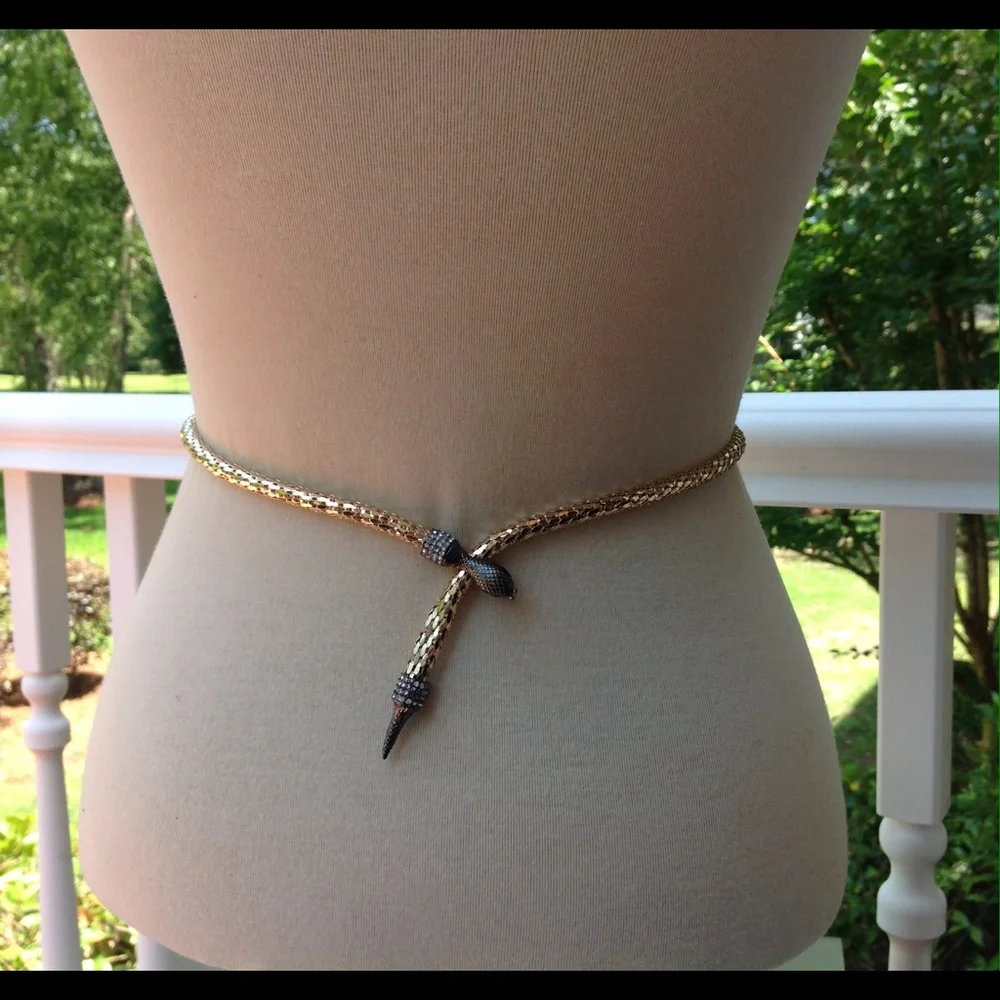 Gold Mesh Rhinestone Snake Belt Necklace